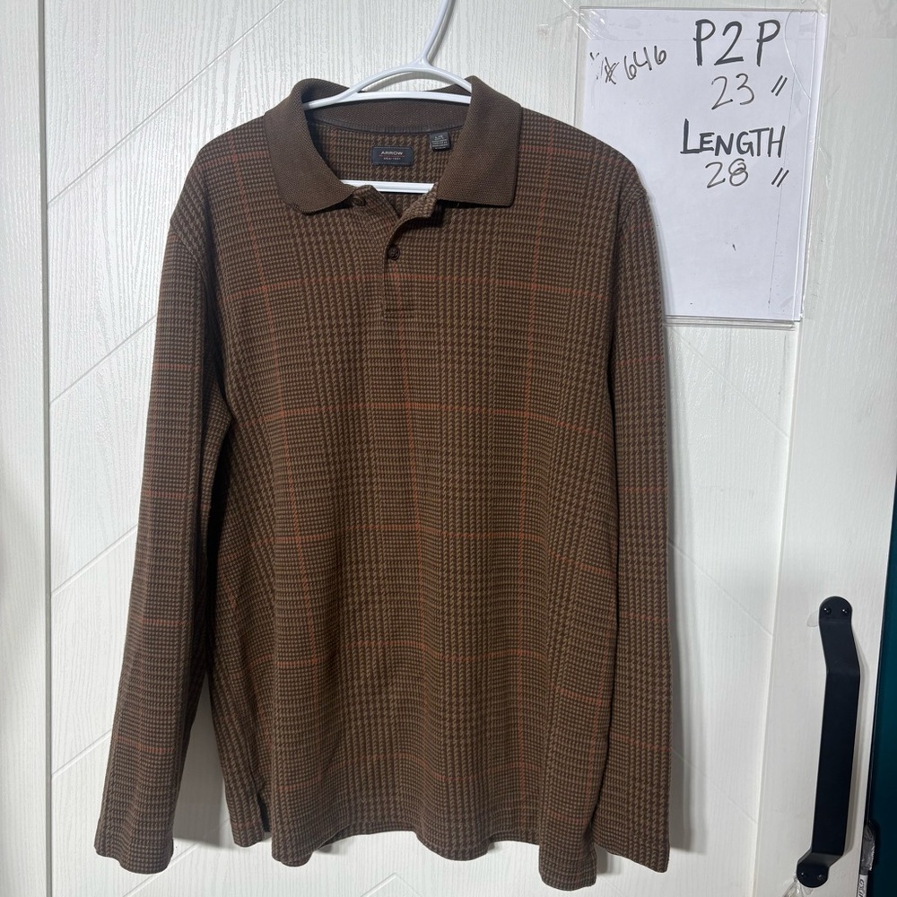 Arrow Men's Long Sleeve‎ Plaid Polo Shirt Brown Houndstooth Glen Check Size L